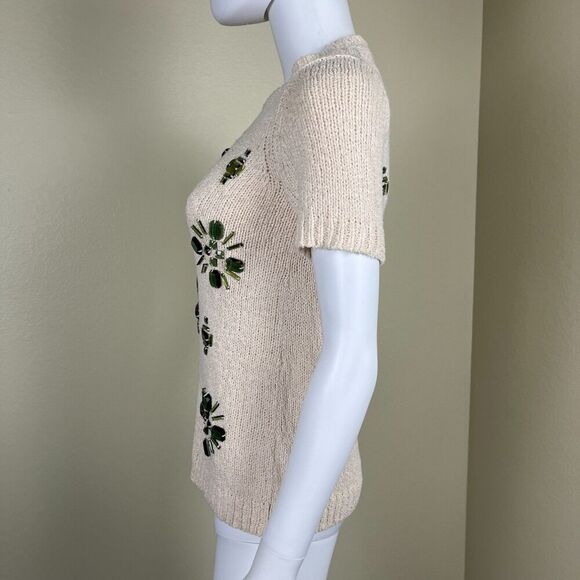 J. Crew Women's Size XXS Cream Linen Jeweled Medallion Knit Crewneck Sweater Top - Picture 12 of 13